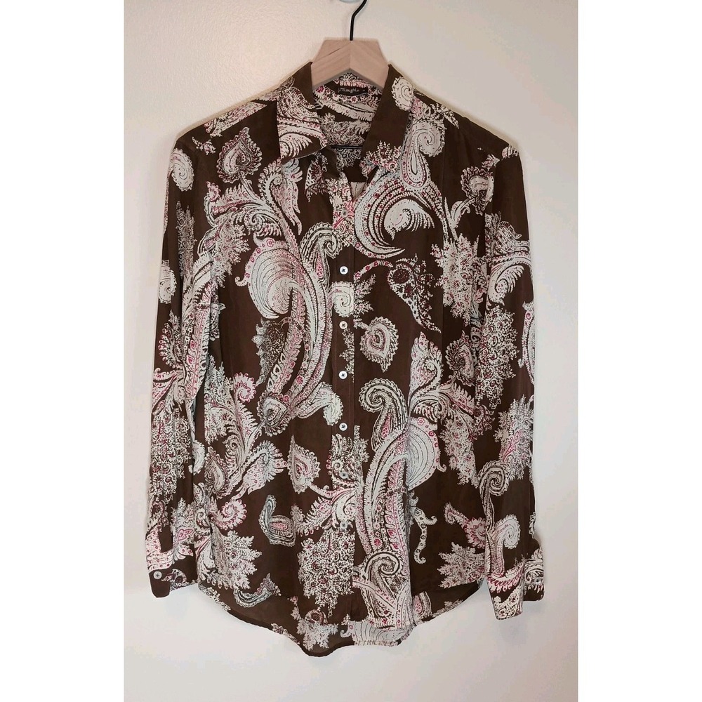 J McLaughlin 100% Silk Paisley Button Down Blouse Brown Pink Medium Classic Chic